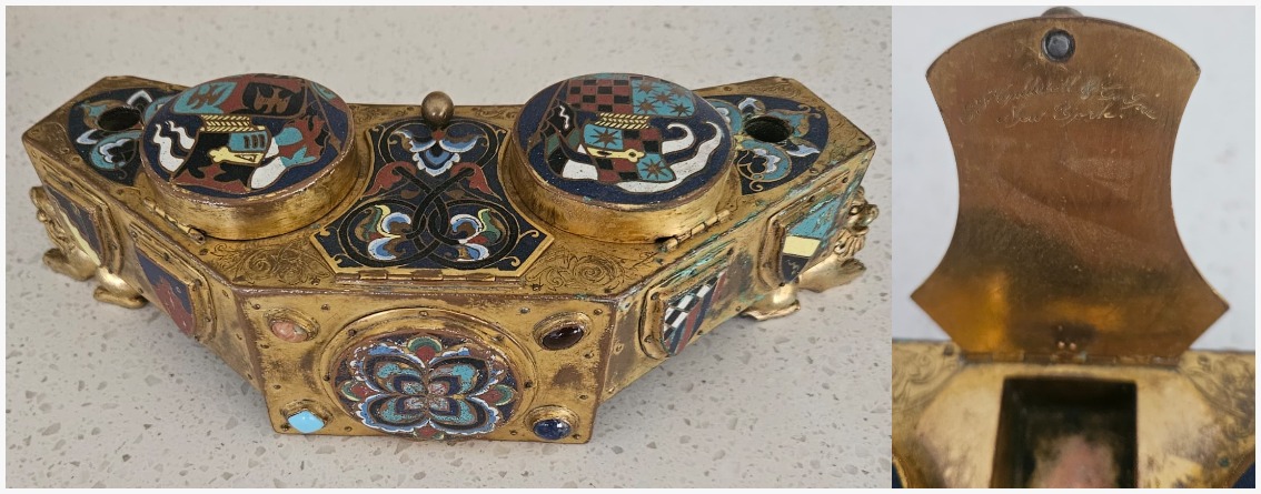 Excepcional Tintero Doble Neorrenacentista en Bronce Dorado y Esmalte Champlevé de E.F. Caldwell & Co., Nueva York, c. 1910.